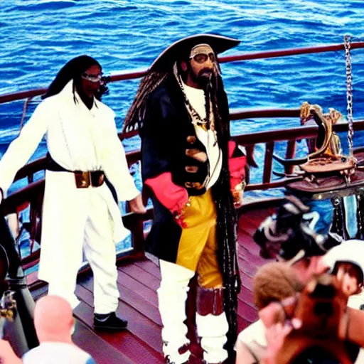 Prompt: a gentleman pirate having a rap battle of the deck of the black pearl with snoop dog, stanley kubrick