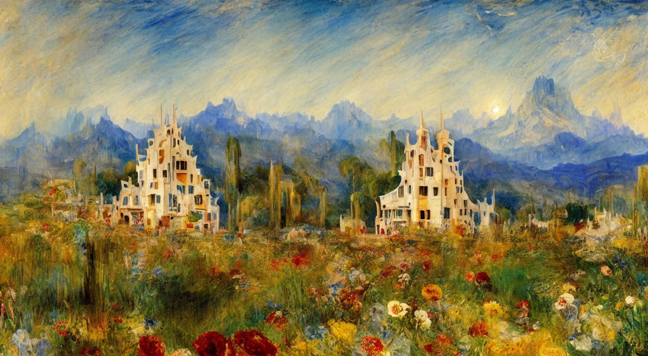 Image similar to a landscape painting of a house designed by Antoni Gaudí, with flower fields as foreground, with mountains as background, by J. M. W. Turner