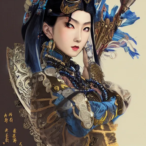 Prompt: ancient chinese princess with steampunk mask, dynasty warriors, headshot, elegant, unreal engine, 8 k, blue color scheme, headshot, highly detailed, smooth, ink painting, artstation, concept art, in style of yoji shinkawa, pan ren wei, col price, atey ghailan, by greg rutkowski, aesthetic