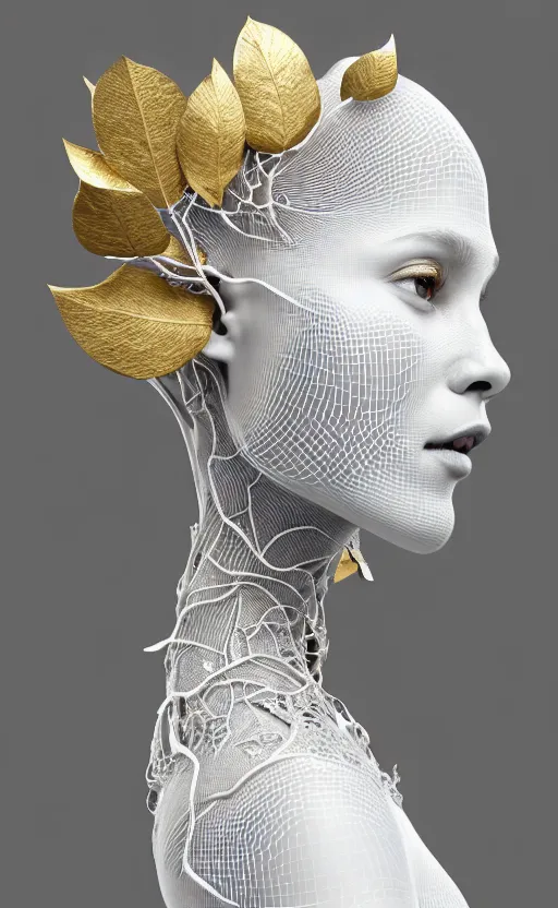 Image similar to complex 3d render of a beautiful porcelain profile woman face, vegetal dragon cyborg, 150 mm, beautiful natural soft light, rim light, silver gold details, magnolia leaves and stems, roots, fine lace, maze like, mandelbot fractal, anatomical, facial muscles, cable wires, microchip, elegant, highly detailed, white metallic armour, octane render, black and white, H.R. Giger style