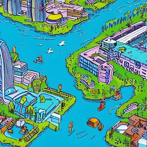 Prompt: towering deep turquoise tidal wave, the wave is crashing down into Springfield where the Simpsons live, on a sunny afternoon, realistic photo of the entire city, UE5