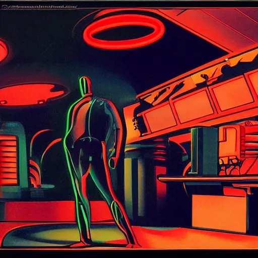 Image similar to man in futurist 6 0 ´ s lab, machines and futurist robots, red lights, leyendecker style, black suit