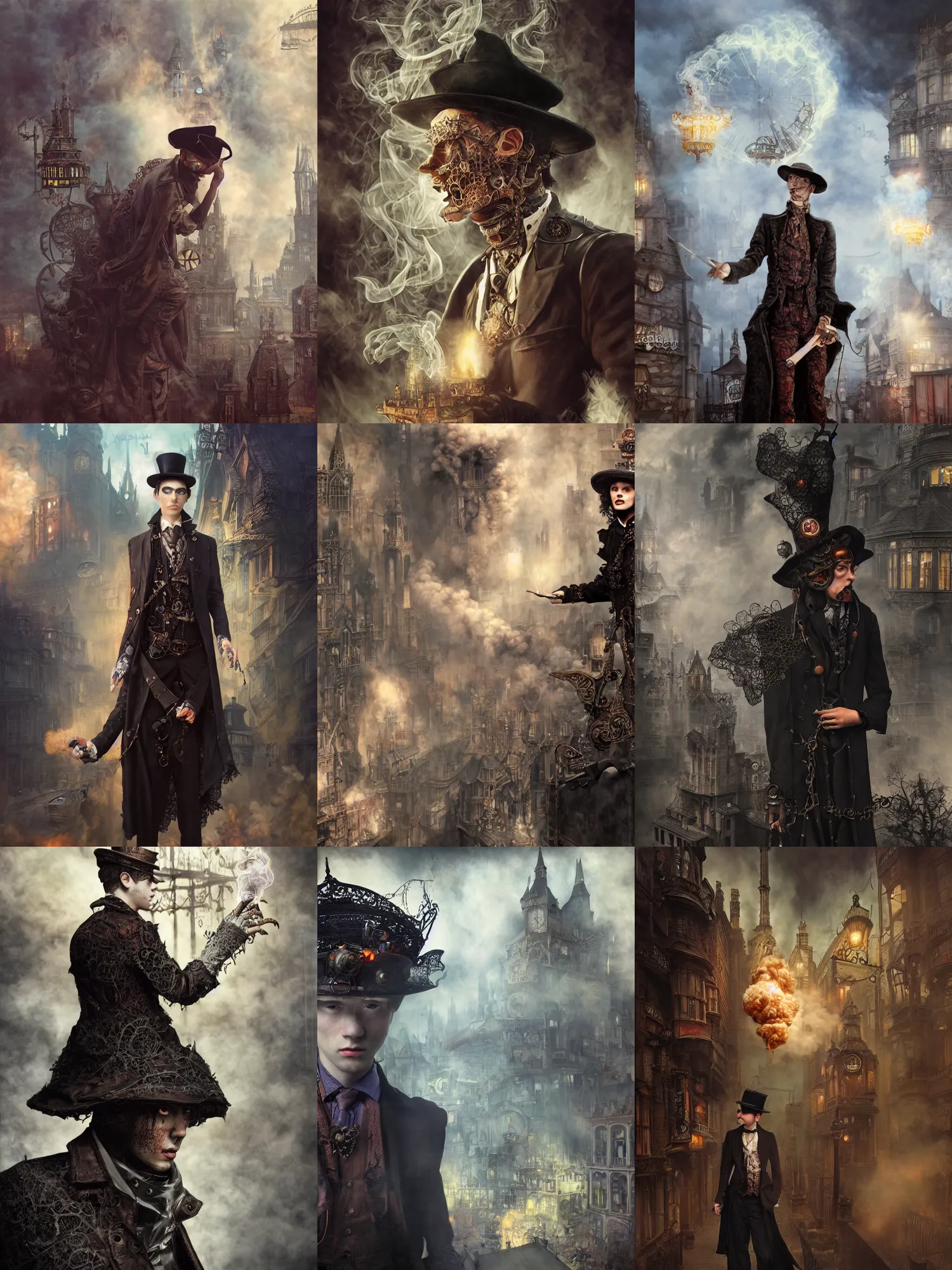 Prompt: a young man, evil wizard, victorian steampunk city vista, hyperrealism, octane render, extremely detailed, intricate colorful smoke magic, lace, style of mark ryden, earl nore, hyung tae, frank frazetta