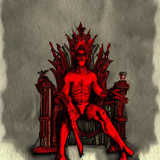 Prompt: the scarlet king sitting on a throne on of flesh. artstation. hd. hand drawn. oil. scp