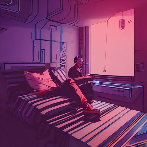 Prompt: a guy sitting on a bed in a room, cyberpunk art by Victor Mosquera, behance contest winner, panfuturism, darksynth, synthwave, retrowave