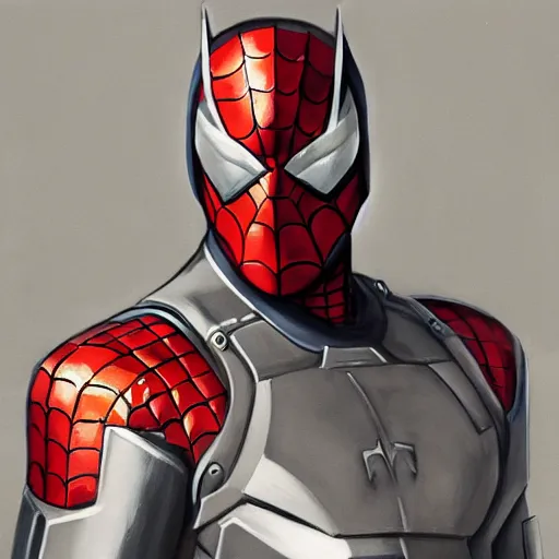 Image similar to greg manchess portrait painting of armored spiderman ultraman grey fox from metal gear cyborg gay japanese - american hybrid as overwatch character, medium shot, asymmetrical, profile picture, organic painting, sunny day, matte painting, bold shapes, hard edges, street art, trending on artstation, by huang guangjian and ail elvgren and sachin teng