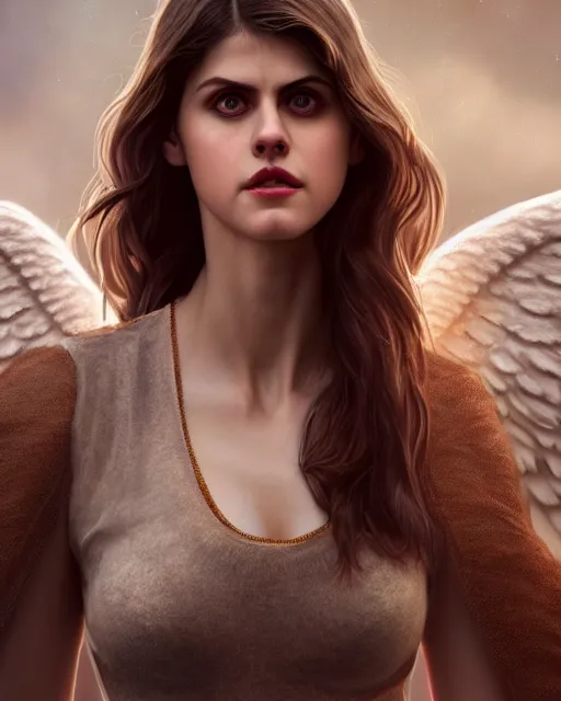 Image similar to Fullbody potrait of Alexandra Daddario as an angel, hyper realistic, prismatic highlights, atmosphere, gorgeous, depth of field, cinematic, macro, concept art, 50mm, artstation, wlop, elegant, epic, weta digital, focus, octane render, v-ray, 8k, kodak portra, art by Liberatore