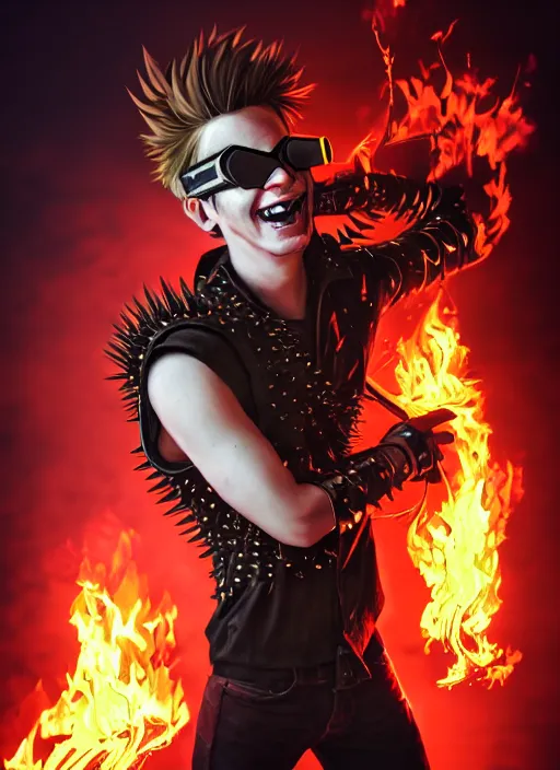 Image similar to An epic fantasy comic book style portrait painting of young man with red spiked long hair, using an orange lens googles. Wearing white shirt, a black waistcoat, brown pants and black boots. He is throwing a wild fire blast from his hands, with a vicious smile in face. Unreal 5, DAZ, hyperrealistic, octane render, cosplay, RPG portrait, dynamic lighting