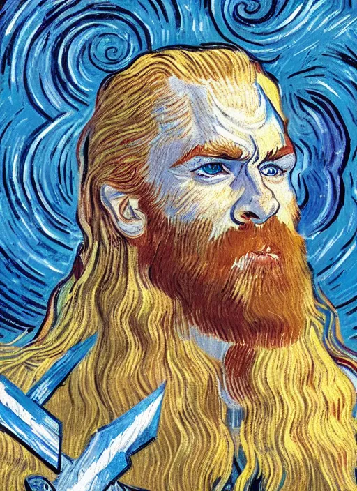 Image similar to close-up of character concept portrait of a Thor conjuring a violent royal blue thunder, a floating iridescent blade sword of chaos from God of War in the center, intricate, elegant, digital painting, concept art, smooth, sharp focus, illustration, by Vincent van Gogh