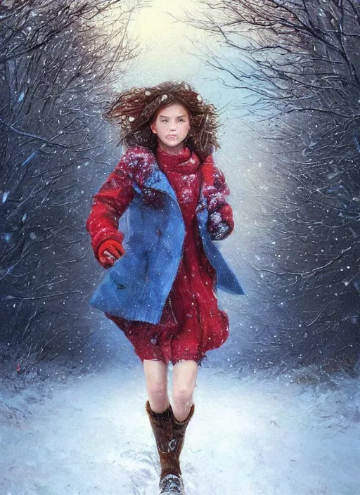 Prompt: an eleven year old girl with short wavy curly light brown hair and blue eyes wearing colorful winter clothes is running in a snowy field. beautiful painting by artgerm and greg rutkowski