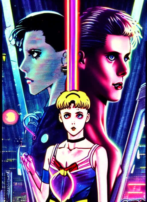 Prompt: realistic illustration of sailor moon in the world of blade runner 1 9 8 2, poster in 8 0 s style, joao ruas style, 4 k