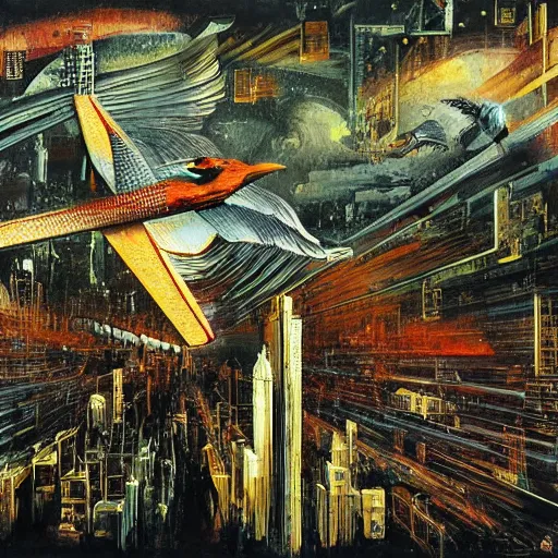 Image similar to a mechanical bird flies over a progressively rasterized digital neon city, oil on canvas by dave mckean and ivan shishkin