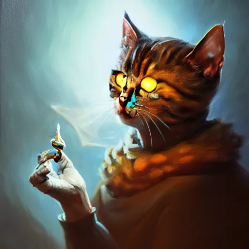 Image similar to Oil Painting of Cat, Anthropomorphized, casting evil spell, magic the gathering artwork, horror, D&D, fantasy, cinematic lighting, centered, symmetrical, highly detailed, digital painting, artstation, concept art, smooth, sharp focus, illustration, volumetric lighting, epic Composition, 8k, art by Akihiko Yoshida and Greg Rutkowski and Craig Mullins, oil painting, cgsociety