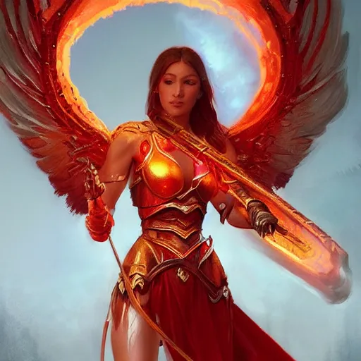Prompt: female paladin angel in glowing red, spear made of fire, D&D, fantasy, intricate, elegant, highly detailed, digital painting, artstation, concept art, matte, sharp focus, illustration, art by Greg Rutkowski and Alphonse Mucha