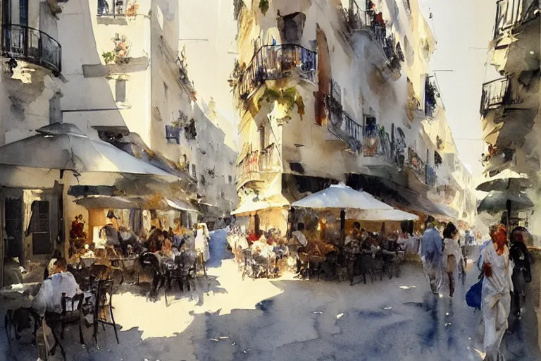 Image similar to abstract watercolor painting of spanish street, white buildings, summer, magical and traditional, cinematic light, french cafe, sharp shadows, daylight, national romanticism by anders zorn, by greg rutkowski, by greg manchess