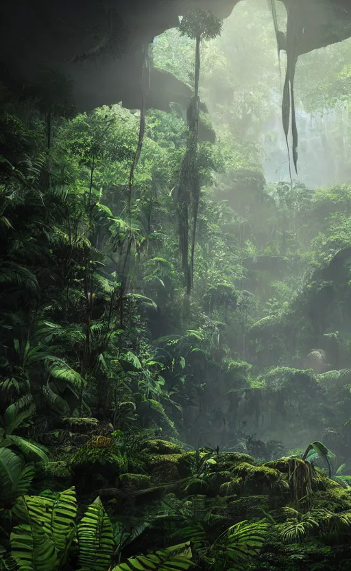 Prompt: a beautiful render of a dark prehistoric rainforest in a humongous cave, lush flora, patches of yellowish - magenta sky, sunset, floating mountains and a waterfall in the background, intricate detail, hazy, humid, volumetric lighting, 8 k, photorealistic, raytracing effects, unreal engine 5