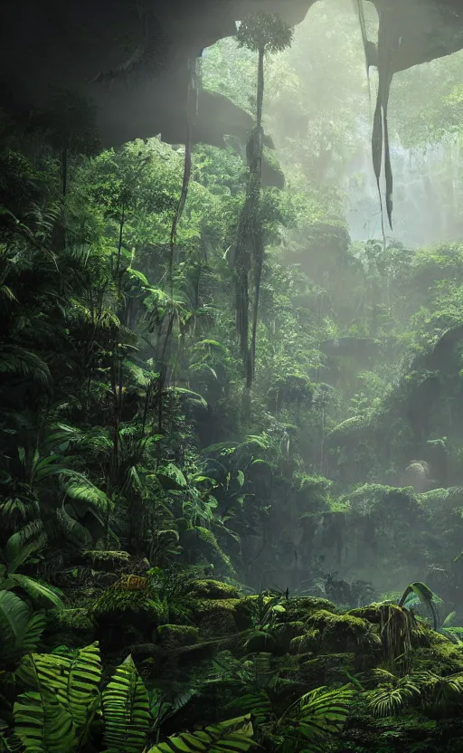 Image similar to a beautiful render of a dark prehistoric rainforest in a humongous cave, lush flora, patches of yellowish - magenta sky, sunset, floating mountains and a waterfall in the background, intricate detail, hazy, humid, volumetric lighting, 8 k, photorealistic, raytracing effects, unreal engine 5