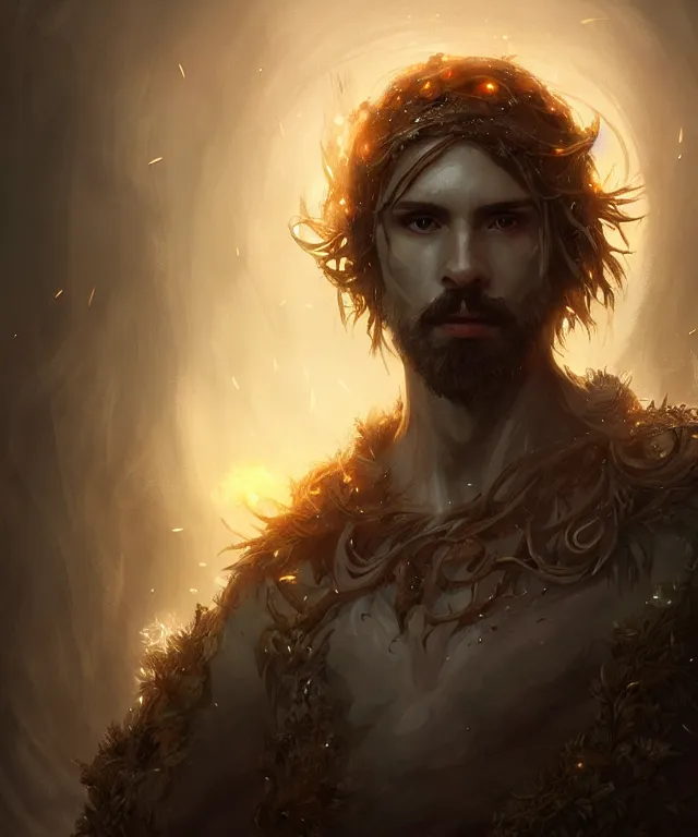 Image similar to a male druid, fully clothed, glowing energy, fantasy, intricate, cinematic lighting, highly detailed, digital painting, artstation, concept art, smooth, sharp focus, illustration, subject in the middle of the frame, art by wlop