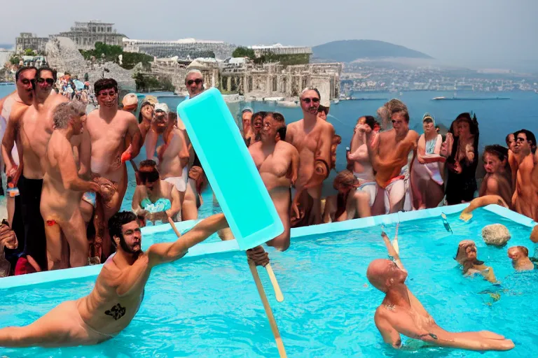 Image similar to Socrates eating a translucent turquoise hemlock popsicle at the last pool party he will ever attend, he is comforted by his disciples, large cloud of fire engulfs him, the acropolis can be seen in the background, in the style of Martin Parr The Last Resort, ring flash closeup photograph