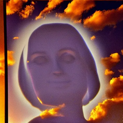 Image similar to sunset clouds in shape of a giant virgin mary face ( 1 0 0 ) like toast