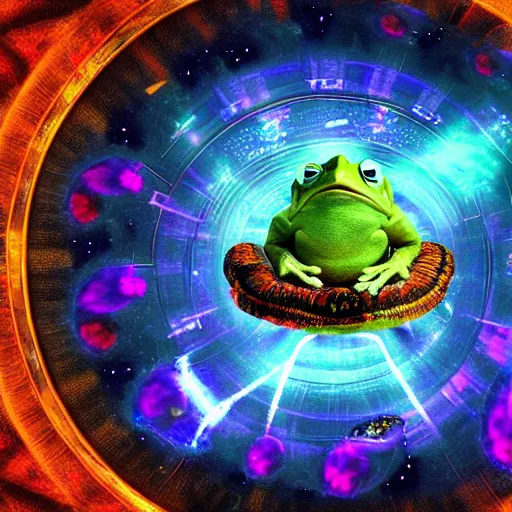 Prompt: time wizard frog warps time and space, surreal, bizarre, trippy, fractal, digital art, cosmic, 8 k
