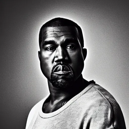 Image similar to the face of older kanye west wearing yeezy clothing at 5 2 years old, portrait by julia cameron, chiaroscuro lighting, shallow depth of field, 8 0 mm, f 1. 8