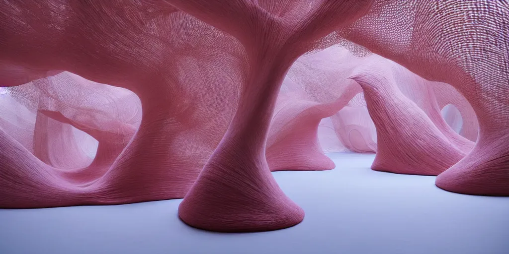 Prompt: soft biomorphic structures out of stocking - like material and nets that fills with various objects like spices, sand and shells by ernesto neto, dusty pink with light - mint color, film still from the movie directed by denis villeneuve with art direction by zdzisław beksinski, telephoto lens, shallow depth of field