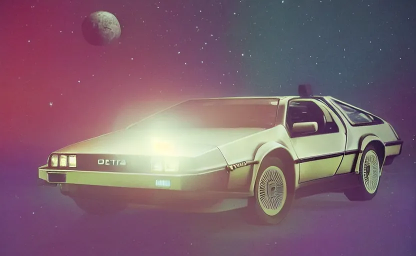 Image similar to a dreamy retro 8 0 s photo of a delorean on the moon, bloomy