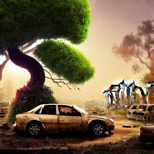 Image similar to a tree growing on a scrap car in ancient greek ruins, gray wasteland, many scrap cars, overgrown, pillars and arches, colorful flowers, vines, hyperrealistic, highly detailed, cinematic, ray of golden sunlight, beautiful, cgsociety, artstation, 8 k, pixar style by tristan eaton, artgerm, tom bagshaw