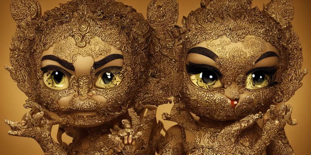 Image similar to ancient javanese hello kitty hybrid with compound eyes portrait photograph, in the style of ancient javanese, insanely detailed and intricate, golden ratio, realistic 3D, hyper-realistic, super detailed, realistic octane render, 8K, fashion photography, hard light