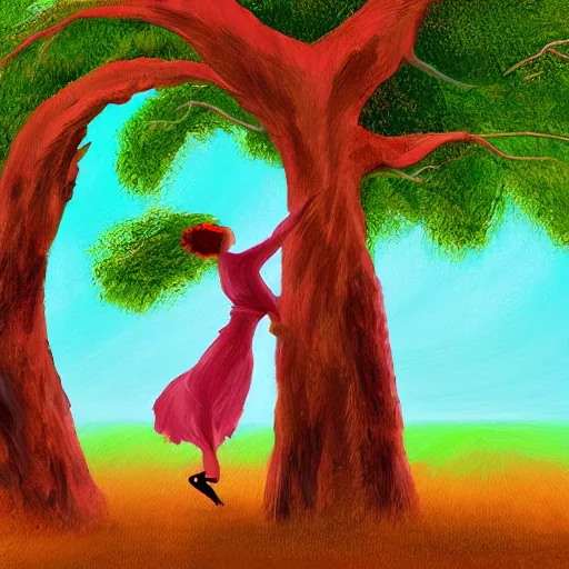 Image similar to illustration of a woman dancing near an old strong tall green persian cypress tree in wind, digital painting, artist farshchian