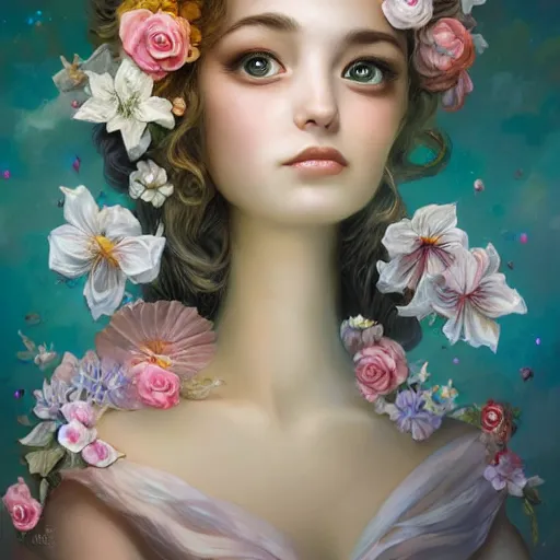 Image similar to an intelligent young women looking at the camera, she has a beautiful unconventional face, she is surrounded by an explosion of flowers, elegant, highly detailed, digital painting, artstation, concept art, pop, smooth, sharp focus, illustration, art by mark ryden and gaston bussiere 3 d 8 k ultra detailed