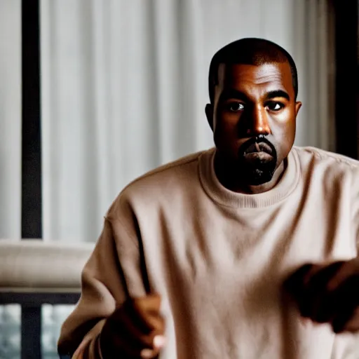 Image similar to a cinematic film still of Kanye West starring in a sitcom, portrait, 40mm lens, shallow depth of field, close up, split lighting, cinematic