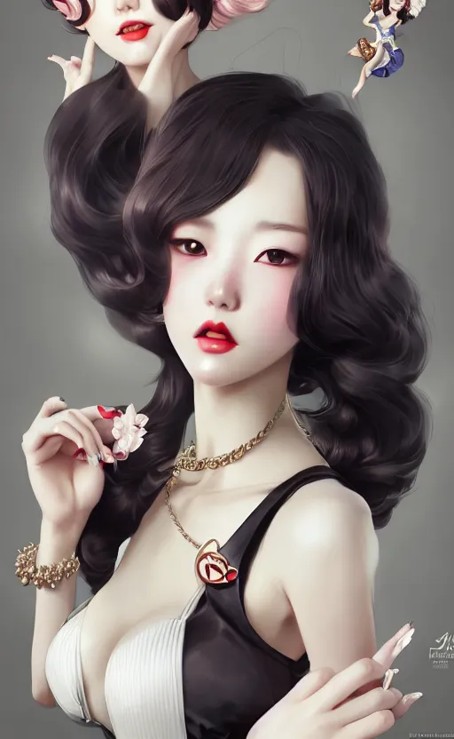 Image similar to a pin up and beautiful fashion charming dreamlke korea girl with lv jewelry, character art, art by artgerm lau and kyoung hwan kim and and ilya kuvshinov and john singer sargent, hyperdetailed, 8 k realistic, symmetrical, frostbite 3 engine, cryengine, dof, trending on artstation, digital art