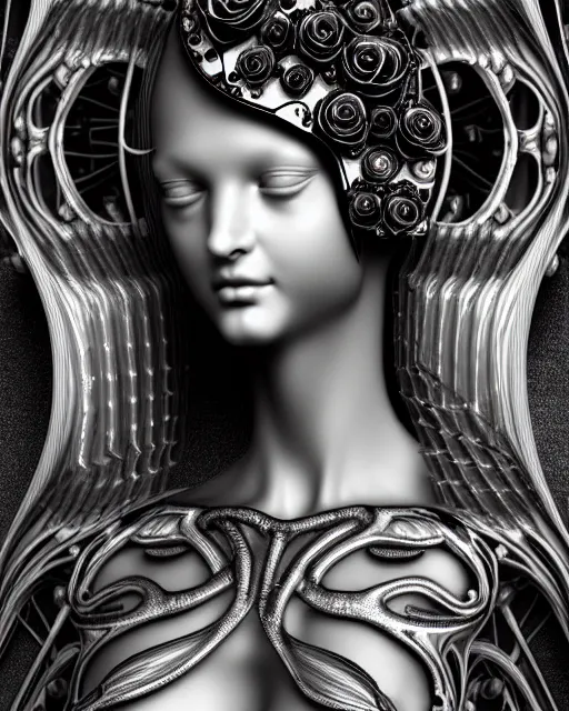 Image similar to mythical dreamy black and white organic bio - mechanical spinal ribbed profile face portrait detail of translucent steampunk beautiful female angelic - human - queen - vegetal - cyborg, highly detailed, intricate crystal ivy jelly ornate, poetic, translucent roses ornate, 3 d render, digital art, octane render, 8 k artistic photography, photo - realistic, by dora maar