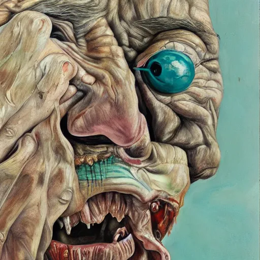 Image similar to high quality high detail painting by lucian freud and jenny saville, hd, zombie, mutation, turquoise