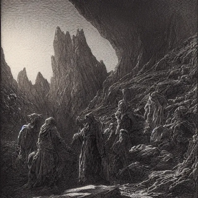 Image similar to etching by Franklin Booth and Gustav Doré showing frightened sorcerer in the desert by night, surrounded by nightmares in the shadows, mystic athmosphere, by Greg Rutkowski, deformed rocks, snakes, scorpions, UHD, 8K,