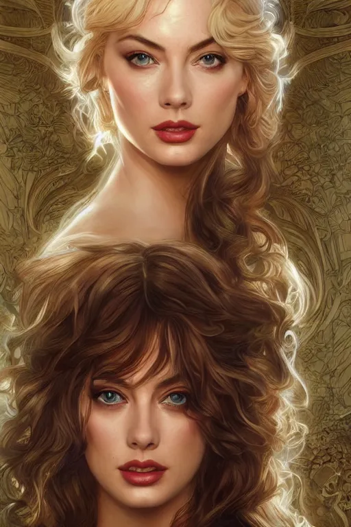 Image similar to ultra realistic illustration, a stunningly beautiful greek goddess of chaos played by christina hendricks and margot robbie and taylor swift and megan fox and emma stone and britney spears, intricate, elegant, highly detailed, digital painting, artstation, concept art, smooth, sharp focus, illustration, art by artgerm and greg rutkowski and alphonse mucha