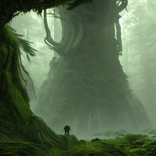 Prompt: alien undergrowth overwhelming a redwood forest, ferns and waterfalls shadow of the colossus screenshot by j. c. leyendecker, simon stalenhag, studio ghibli, barlowe, audobon and beksinski