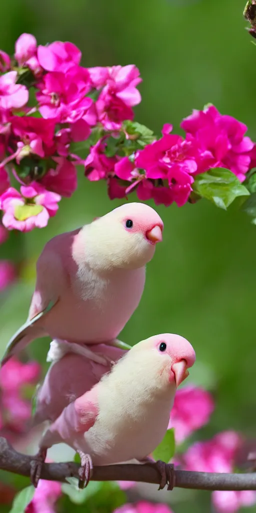Image similar to a cute pink and white rosy - faced lovebird eating an ice cream in a flower garden. cell phone photograph