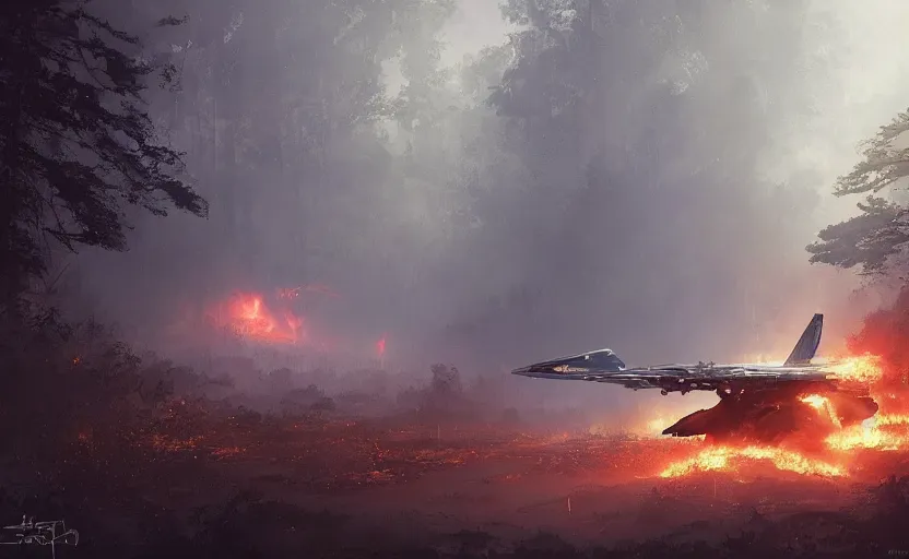 Image similar to a fighter design spaceship on fire crashed in a swamp forest, on the ground, smoke, smoke, cloudy air. Atmospheric lighting, overgrowth. By Makoto Shinkai, Stanley Artgerm Lau, WLOP, Rossdraws, James Jean, Andrei Riabovitchev, Marc Simonetti, krenz cushart, Sakimichan, trending on ArtStation, digital art.