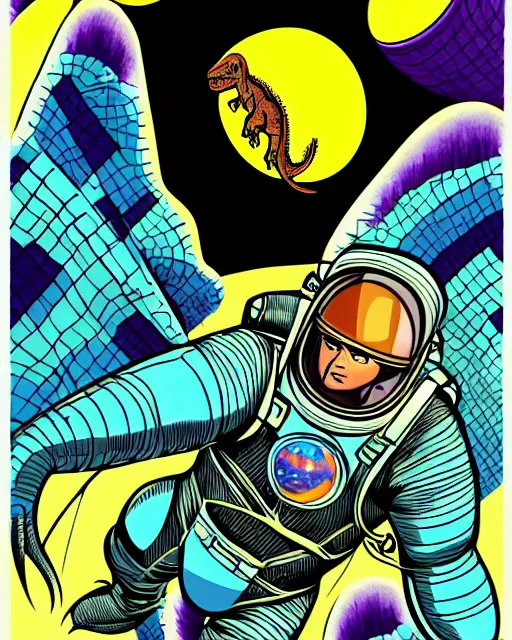 Image similar to a dinosaur wearing a spacesuit, illustration by jack kirby, fully digitally painted with inked lines, artstation trending, artgerm