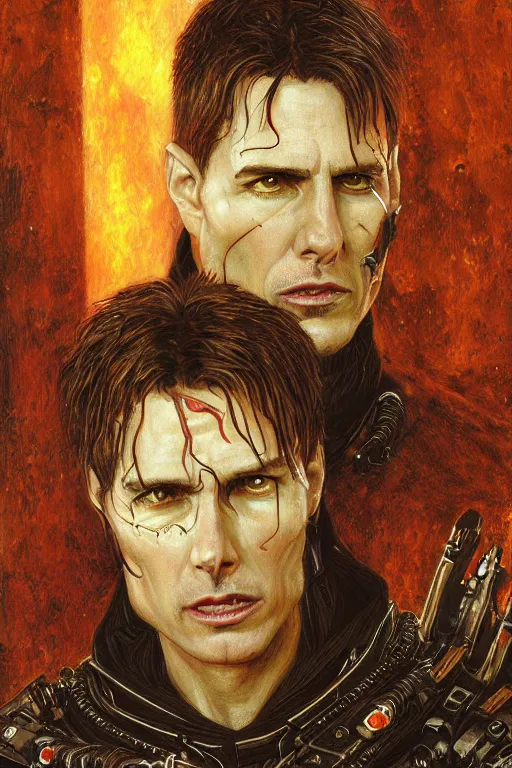 Prompt: portrait of demonic gothic Tom Cruise holy priest, cyberpunk, Warhammer, highly detailed, artstation, illustration, art by Gustav Klimt