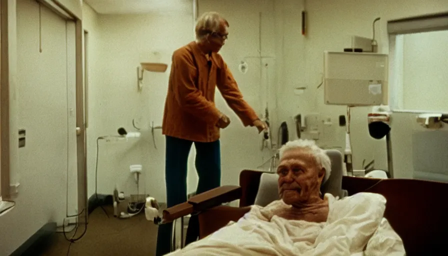Prompt: 7 0 s movie still of a old golden man in the hospital, cinestill 8 0 0 t 3 5 mm eastmancolor, heavy grain, high quality, high detail