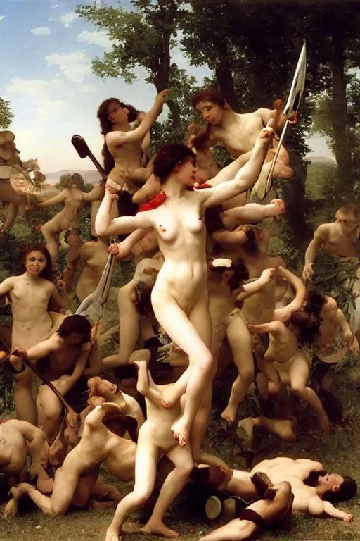 Image similar to battling Spartans against sheep in the style of  William Adolphe Bouguereau