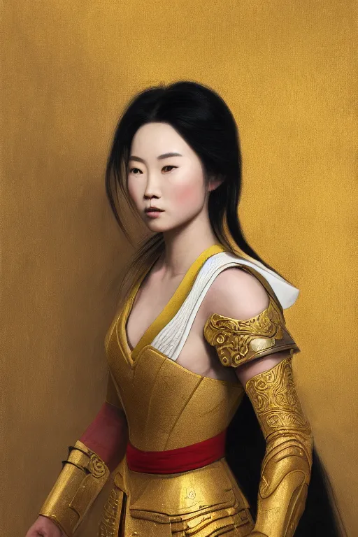 Prompt: realistic detailed painting of Mulan wearing sculpted textured golden armor, close her eye, battle damage, intricate complexity, close-up of the front of the face, super sophisticated texture, resolute expression, back lighting, 4K resolution, symmetric, clear facial features, golden ratio, by Ruan Jia and Mandy Jurgens and William-Adolphe Bouguereau, Karol Bak, smooth, sharp focus, rich deep colors, Unreal Engine 5, digital render, intricate, ultra realistic, concept art,