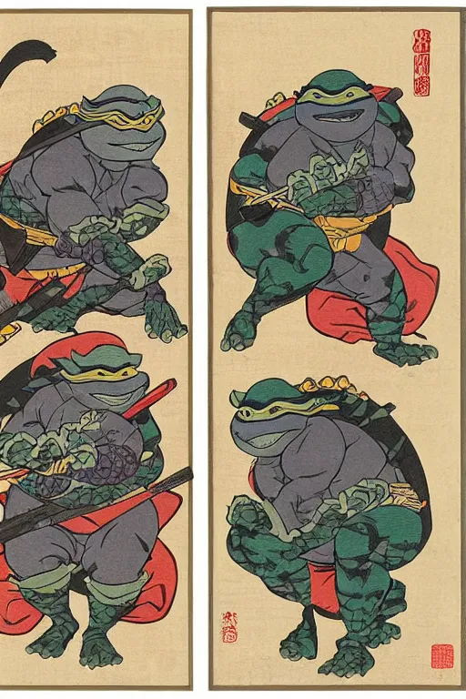 Image similar to Four Teenage Mutant Ninja Turtles, Japanese ukiyo-e ukiyo-ye woodblock print, by Moronobu