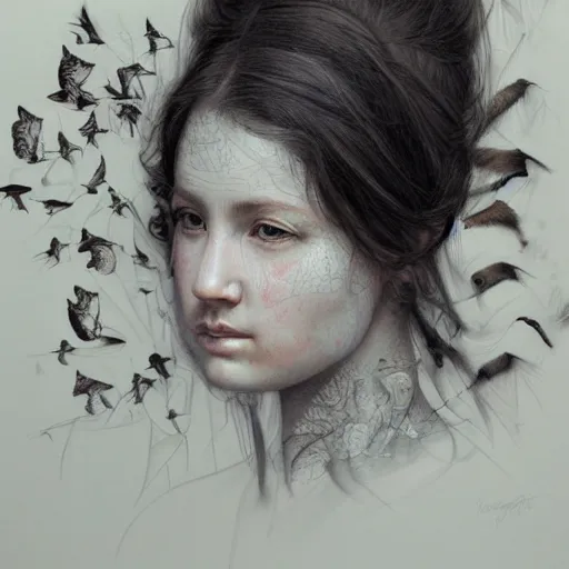 Image similar to an intricate detailed women portrait with birds by marco mazzoni