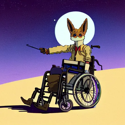 Prompt: a study of cell shaded cartoon of a jackal in a wheelchair from howl's moving castle ( 2 0 0 4 ) on a desert road, in front of a big moon, full body, wide shot, very muted colors, post grunge, studio ghibli, laurie greasley, highly detailed, deviantart, art by artgem