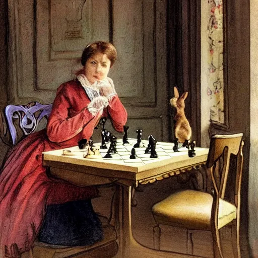 Prompt: a young edwardian woman playing chess against a rabbit in a beautiful victorian living room, in the style of Carl Larsson